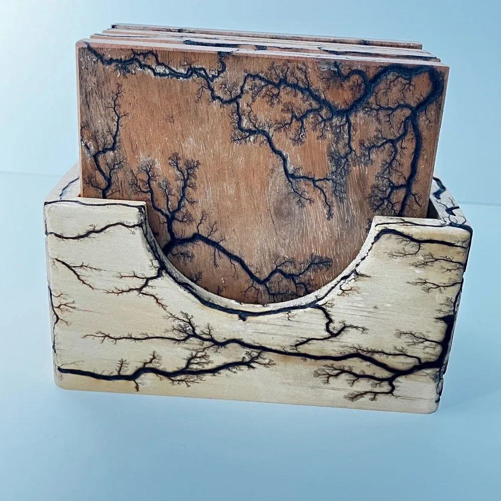 Handmade Coaster Set Lichtenberg Fractal Wood  Burning 4in Brown Lightning Art